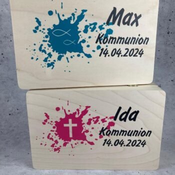 Personalisierte Holzkiste zur Kommunion – Erinnerung für die Ewigkeit (auch zur Konfirmation)